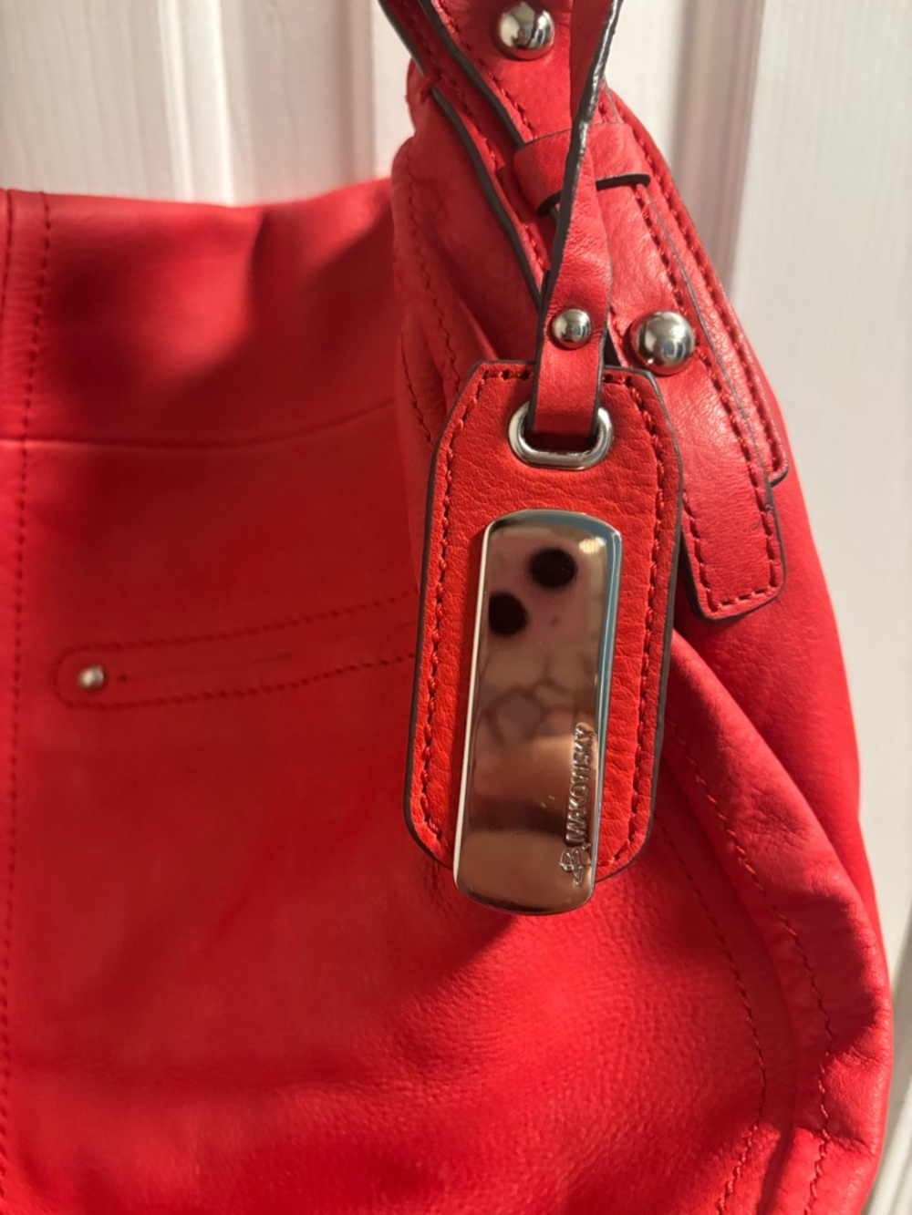 b. makowsky Red Leather Shoulder Bag with Flap and Stud Accents - Picture 5 of 8